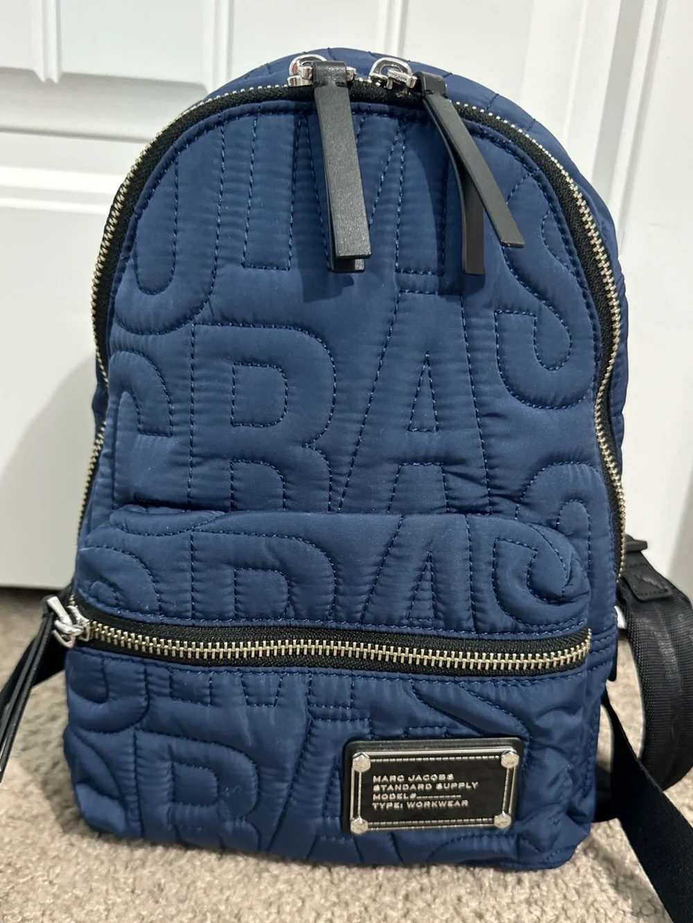 Cool Marc Jacobs navy blue quilted logo medium size backpack new